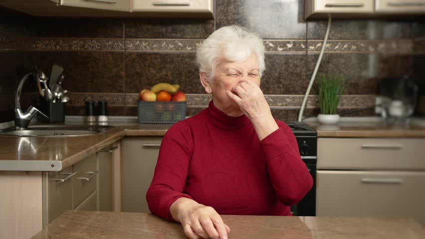 Elderly woman closes her nose with hand. Senior old lady wrinkles her nose at awful stench in kitchen, trying to find source of foul smell, squinting her eyes and grimacing in disgust. Senior female