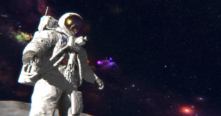 An astrounaut spaceman in outer space closeup shot. Discovering Earth view from Moon surface