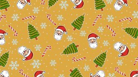 Seamless Christmas pattern looping animation featuring Santa Claus, candy canes, Christmas trees, and snowflakes on a festive yellow background. Perfect for holiday videos and digital greetings. - Powered by Shutterstock - Get 15% off with code: PIKWIZARD15