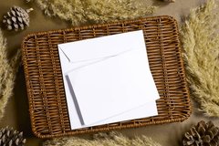 White Envelopes On Woven Basket With Dried Pampas Grasses And Pinecones In Rustic Still Life - Powered by Shutterstock - Get 15% off with code: PIKWIZARD15