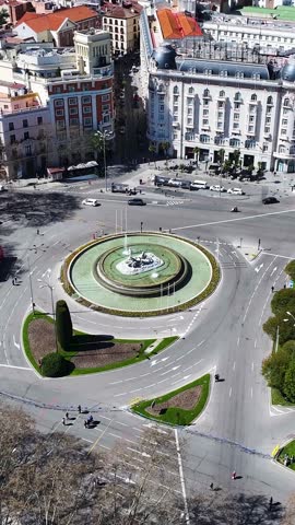 Neptuno Fountain At Madrid Spain. Famous Roundabout. Downtown Cityscape. Cultural Heritage Skyline. Neptuno Fountain In Spain. Madrid Street Scene.