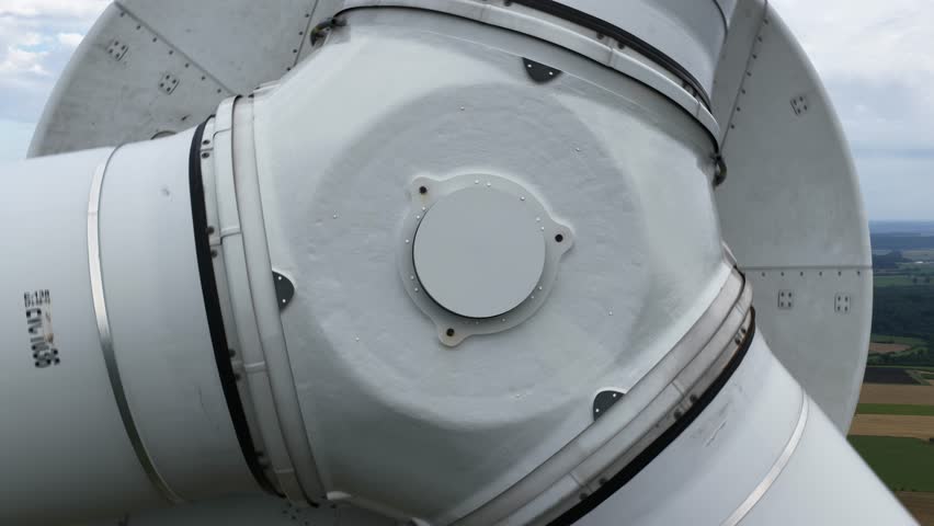 Close up view of a wind turbine in hill landscape. Cloudy day. Renewable energy and clean energy production.