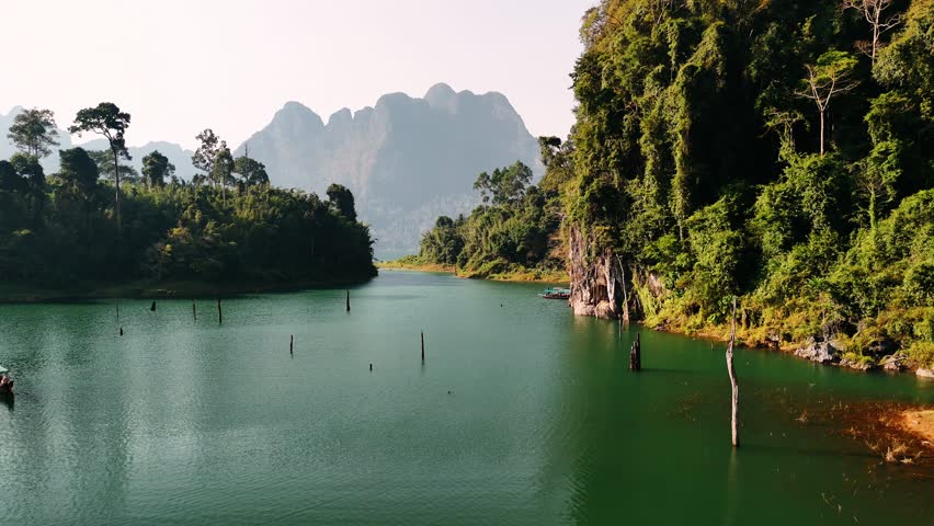 Aerial view of cheow lan lake among rainforest and limestone karsts in khao sok national park, Thailand