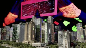 futuristic technology city with code on the buildings and vr headset woman in background - Powered by Shutterstock - Get 15% off with code: PIKWIZARD15