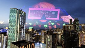 futuristic technology city with code on the buildings and vr headset woman in background - Powered by Shutterstock - Get 15% off with code: PIKWIZARD15