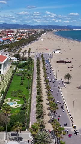 Las Arenas Beach At Valencia In Valencian Community Spain. Stunning Cityscape. Beach Landscape. Highrise Buildings. Las Arenas Beach At Valencia In Valencian Community Spain. Nature Background.