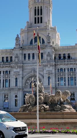 Cibeles Palace At Madrid In Community Of Madrid Spain. Medieval Building Scenery. Downtown Cityscape. Madrid At Community Of Madrid Spain. Cultural Heritage Skyline. Beautiful Palace.