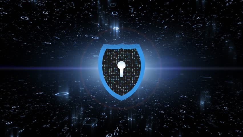 Cyber space security 3d shield with binary numbers loop animation.