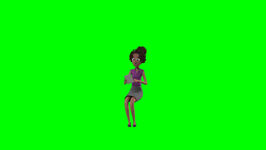 3D animation of Hannah sitting and swiping on a digital tablet, perfect for technology, presentation, and business promo projects with green screen background.