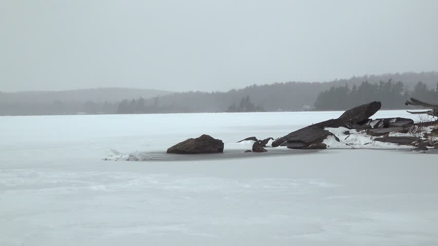 A serene winter scene shows a frozen lake, scattered rocks along a snowy shore, and a distant forest under a pale, gray sky. The image conveys calm, isolation, and cold beauty while it snows.