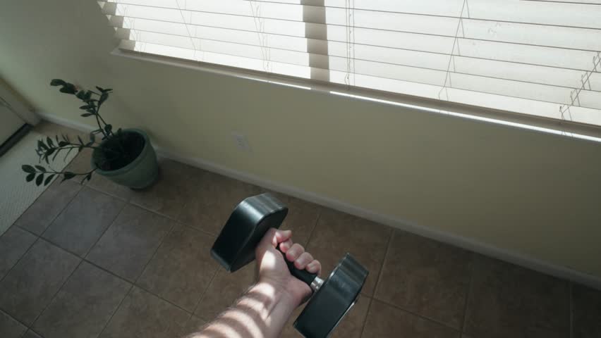 Point of View of Man Doing Dumbbell Curls by a Sunny Home Window