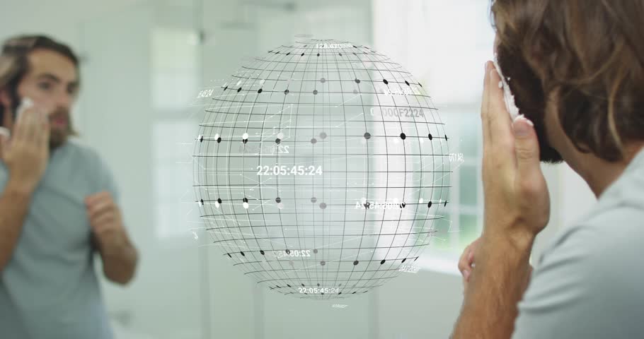 Man grooming beard by pressing shaving foam onto cheek at mirror, activating rotating tech globe. Digital, technology, futuristic, innovation, skincare, digital interface, health
