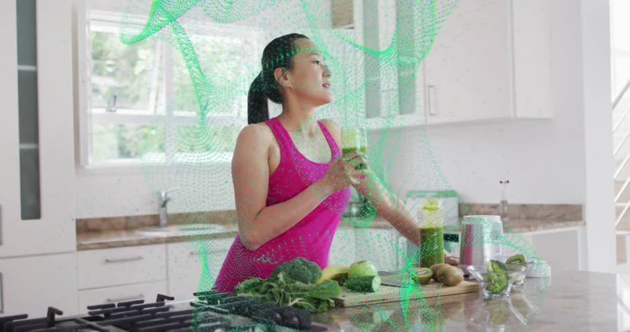 Woman in tank top reaching for green juice, sipping from glass, animated overlay promoting health. Health, wellness, freshness, vitality, nutrition, digital art, modern