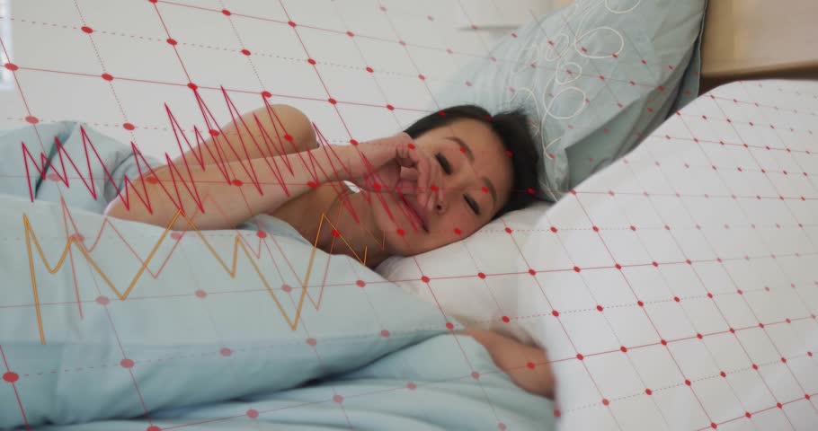 woman in bed rubbing eye opening eyes and adjusting cover as chart overlay advancing tracking sleep. Comfort, relaxation, wellness, daytime, repose, sleepwear, home decor