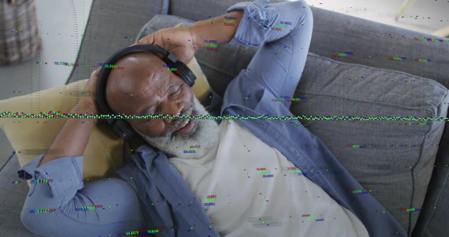 Mature man lifting black wireless headphones while glitching overlay showcasing audio technology. Relaxation, comfort, technology, audio, leisure, modern, lifestyle