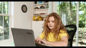 Kid preparing for exam with laptop. Student sitting at desk during distance education class. Smart child in virtual schoolwork and study. Child learning mathematics on laptop in home classroom. - Powered by Shutterstock - Get 15% off with code: PIKWIZARD15