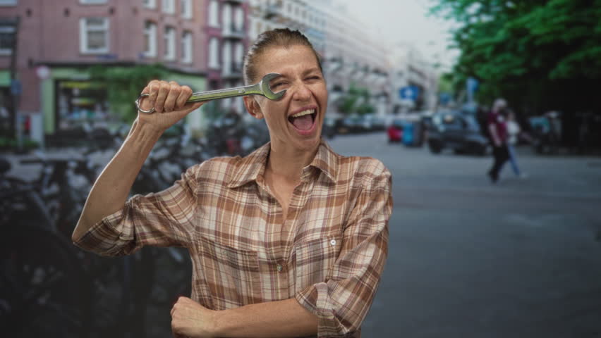 Woman holding wrench in right hand and smiling in plaid shirt on urban street beside parked bicycles and blurred cars; confidence skill.