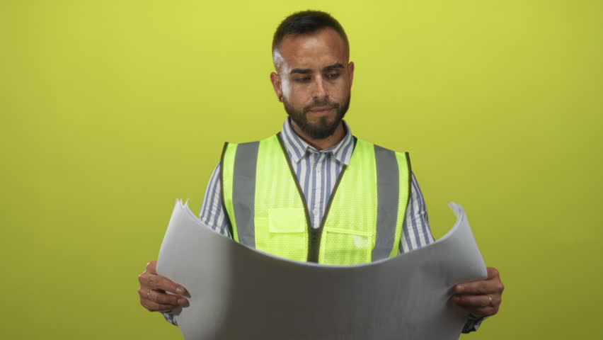 Man holding large architectural blueprints and wearing a reflective hi vis vest and striped shirt in lime green studio; focused planning.