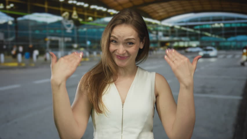Young woman beckoning with both hands at airport terminal for pickup; invitation anticipation welcoming.