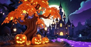 A magical Halloween scene featuring a spooky castle, a glowing autumn tree, carved pumpkins, and a shimmering purple river at night. - Powered by Shutterstock - Get 15% off with code: PIKWIZARD15