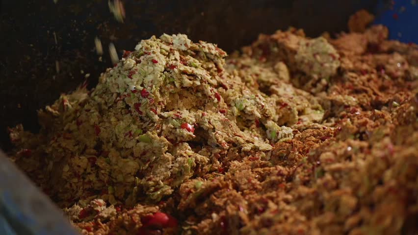 Close-up of apple pomace left after juice extraction. Fibrous fruit pulp mixed with skins and seeds, showing a byproduct of cider or juice production in agriculture or food industry.