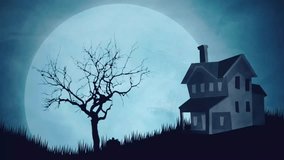 A haunted house under a full moon. Spooky Halloween night with a haunted house and castle, silhouetted bats, and a glowing moon. halloween background with haunted house. - Powered by Shutterstock - Get 15% off with code: PIKWIZARD15