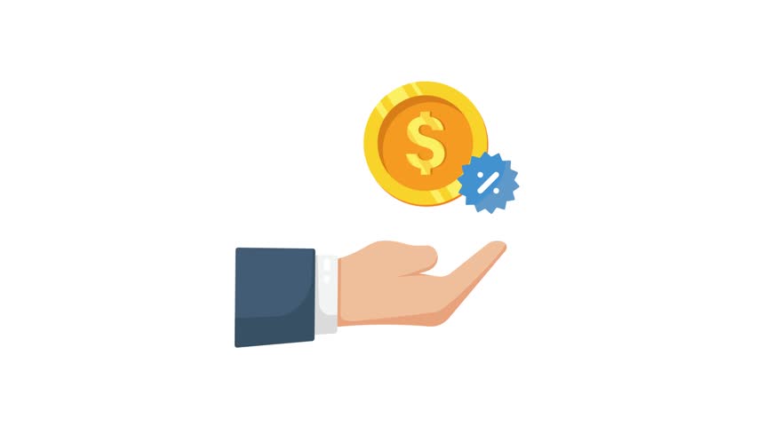 4K animation of A business hand extends a golden coin with a blue discount seal, symbolizing money, value, investment, and financial opportunity. Perfect for finance, banking, sales, ect.