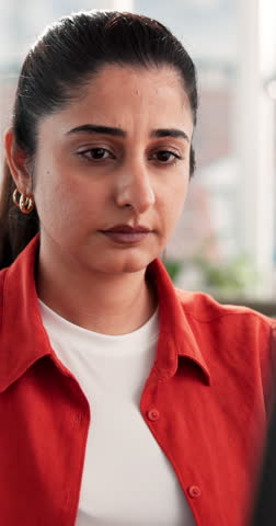 Remote work, thinking and confused woman with laptop for story error, problem solving or news. Computer, reading and freelance journalist with inspiration for article, idea or glitch solution in home