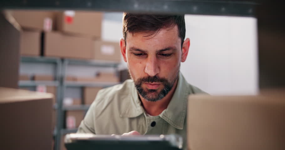 Tablet, warehouse worker and man with boxes for inventory, supply chain inspection and shipping. Technology, logistics and person check package for storage, ecommerce stock or distribution at shelf