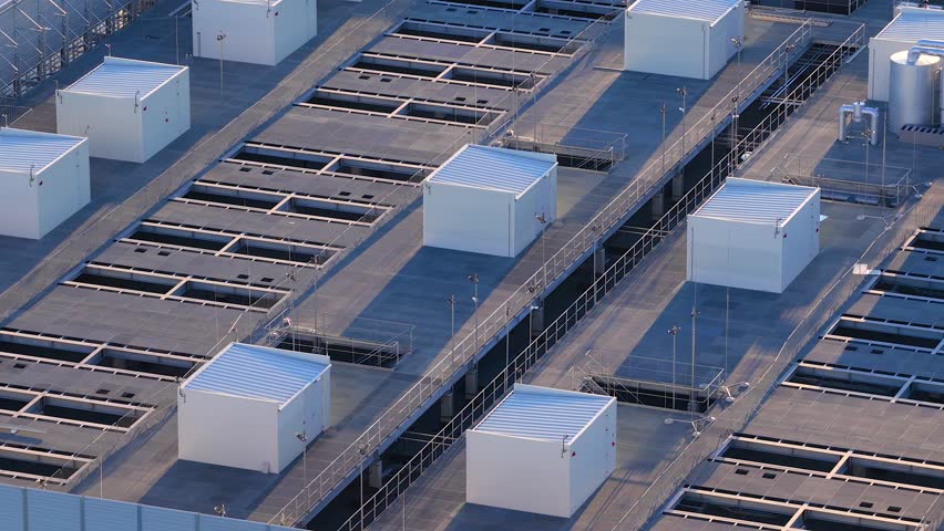 Atman Warsaw-3 data center telecommunication antennas on roof, Solar panels, Warsaw, aerial