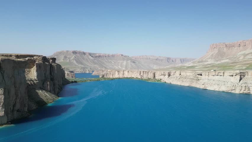 Lake with deep blue color in Band e Amir National Park in Bamyan Province, Afghanistan. Drone view.