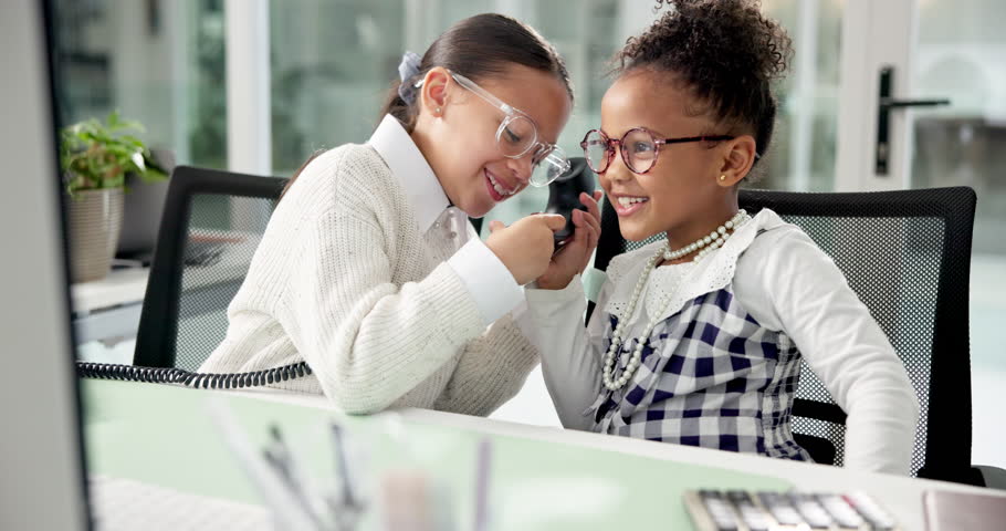 Girl kids, phone call and pretend in office for laugh, joke or funny gossip with team at company. Children, happy and role play on telephone, chat and comic story with conversation at creative agency