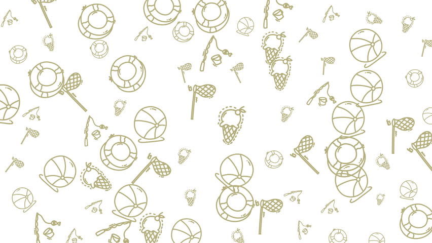 This whimsical seamless pattern features various summer elements like beach balls, fishing poles, ice cream, and life preservers. Perfect for summer related designs, backgrounds and more.