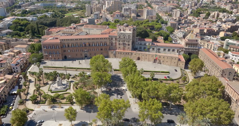 Aerial view of the Palazzo dei Normanni, also known as Royal Palace. It is located in the historic center of Palermo, Sicily, Italy. It is one of the city