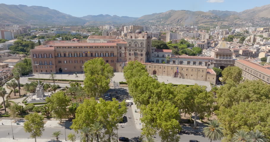 Aerial view of the Palazzo dei Normanni, also known as Royal Palace. It is located in the historic center of Palermo, Sicily, Italy. It is one of the city