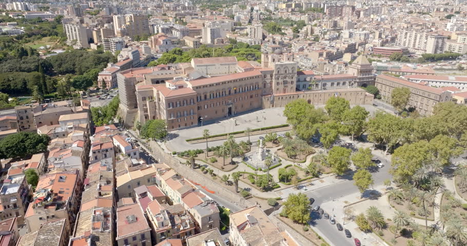 Aerial view of the Palazzo dei Normanni, also known as Royal Palace. It is located in the historic center of Palermo, Sicily, Italy. It is one of the city