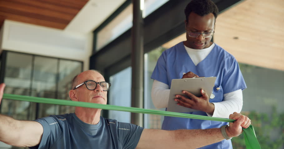Man, physiotherapist and resistance band with clipboard, recovery and writing notes for healing process. Person, senior patient and healthcare professional for exercise, rehabilitation and advice