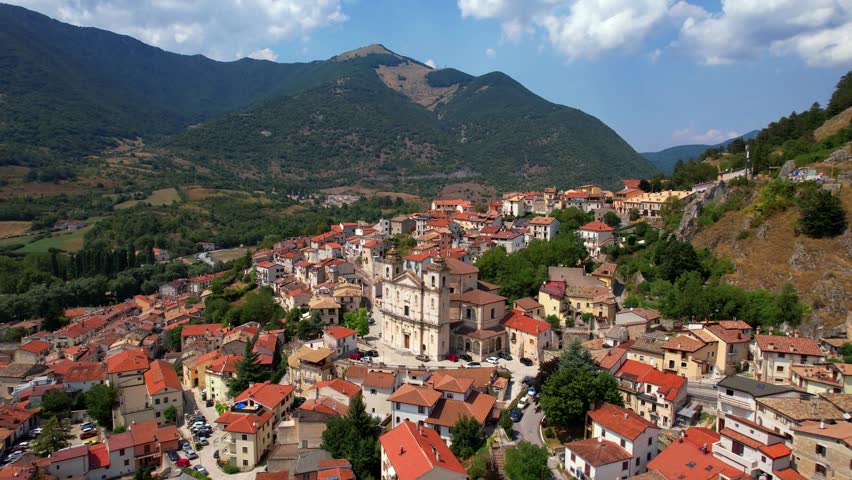Castel di Sangro is a historic scenic town, province of L'Aquila, Abruzzo region of central Italy surrounded by Apennine Mountains. Aerial drone, 4k hd footage