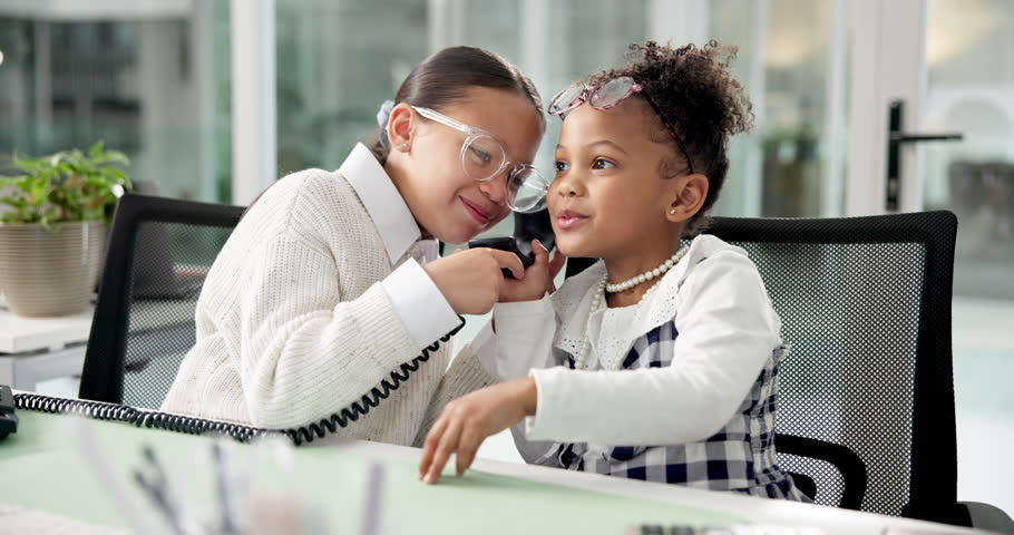 Girl children, phone call and pretend in office for laugh, joke or funny gossip with team at company. Kids, happy and costume with telephone, chat and comic story with conversation at creative agency