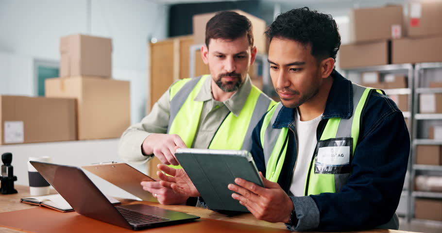 Clipboard, laptop and tablet with supply chain team in warehouse for delivery or distribution. App, computer and logistics with people in shipping depot for collaboration or online order tracking
