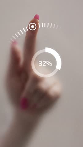 Loop animation of finger with pink nail pressing futuristic digital loading interface with progress circle. Concept of technology, innovation, user interface, productivity, and emotional anticipation.