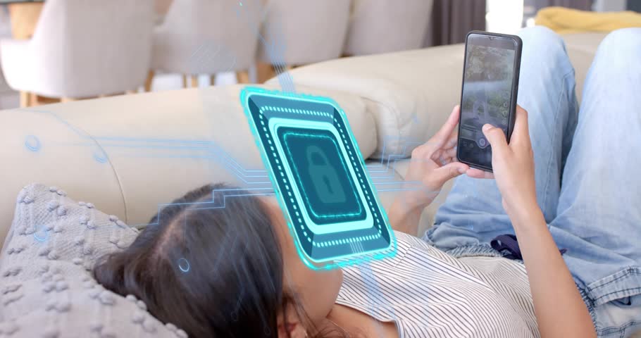 Woman reclining on sofa holding phone unlocking AR lock overlay fading into live grid mobile tech. Futuristic, technology, privacy, wearable, innovation, home, relaxation