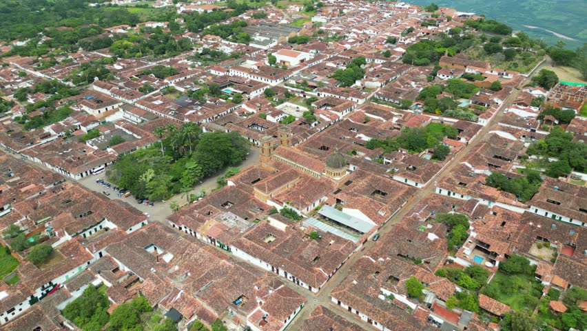 Scenic aerial view of La Inmaculada Concepción church and the central plaza in the picturesque Andean village of Barichara in the Santander Department of Colombia