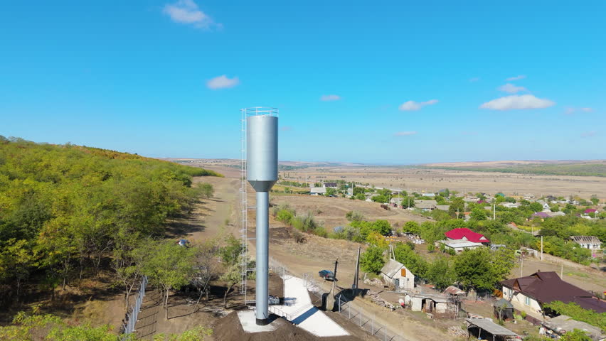 Water tower is highlighted in a rural setting, with a smooth zoom-in capturing the lush greenery and expansive hills, illustrating vital water supply and community development