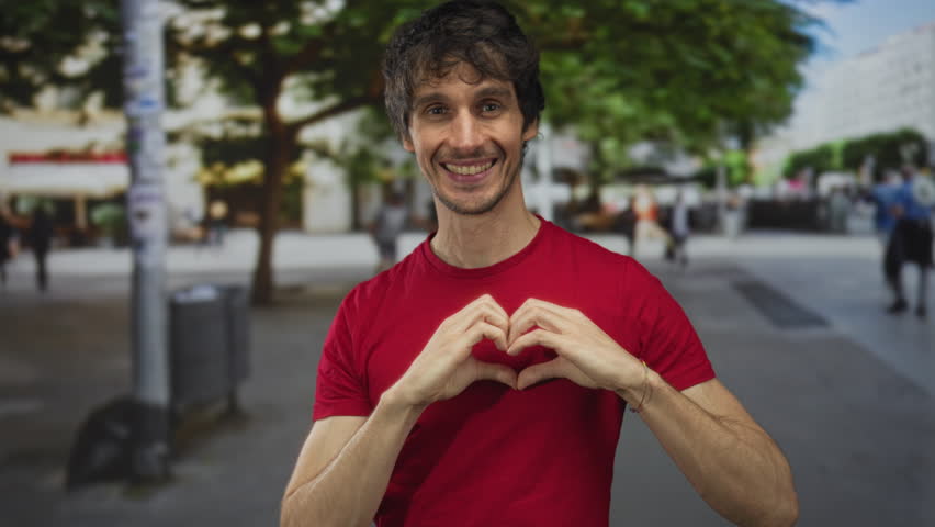 Young man in red t shirt makes heart gesture with hands under bright sunlight on busy city street; affection.