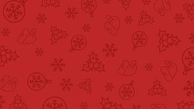 Seamless looping Christmas background animation in 4K with red festive color and outlined icons of snowflakes, holly leaves, Santa hats, and ornaments. Perfect for holiday greetings, intros. - Powered by Shutterstock - Get 15% off with code: PIKWIZARD15