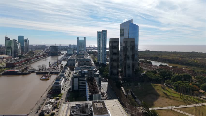 Panoramic Aerial Drone fly Puerto Madero and Costanera Sur Reserve Buenos Aires