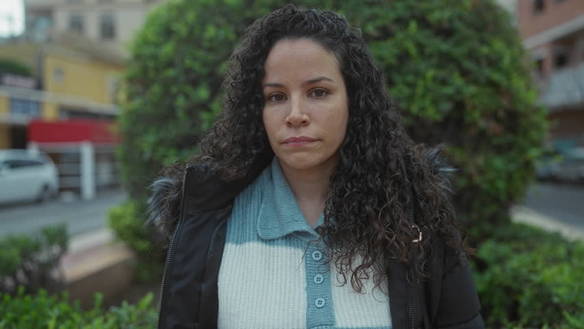 Woman with curly hair stands outdoors in a urban setting wearing a jacket looking serious during daytime.