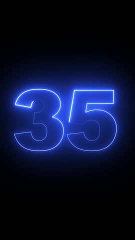 Glowing Neon Number 35 Animation in cyan Color. Animation of glowing neon cyan color number 35 text animation. neon text 35 number countdown icon background.4k video motion graphic animation