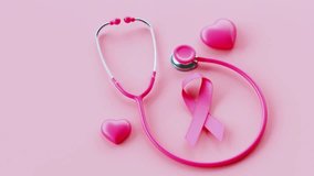 A close-up video showing a pink ribbon, hearts, and stethoscope on a soft pink background — symbolizing breast cancer awareness, care, love, and support for women's health. - Powered by Shutterstock - Get 15% off with code: PIKWIZARD15